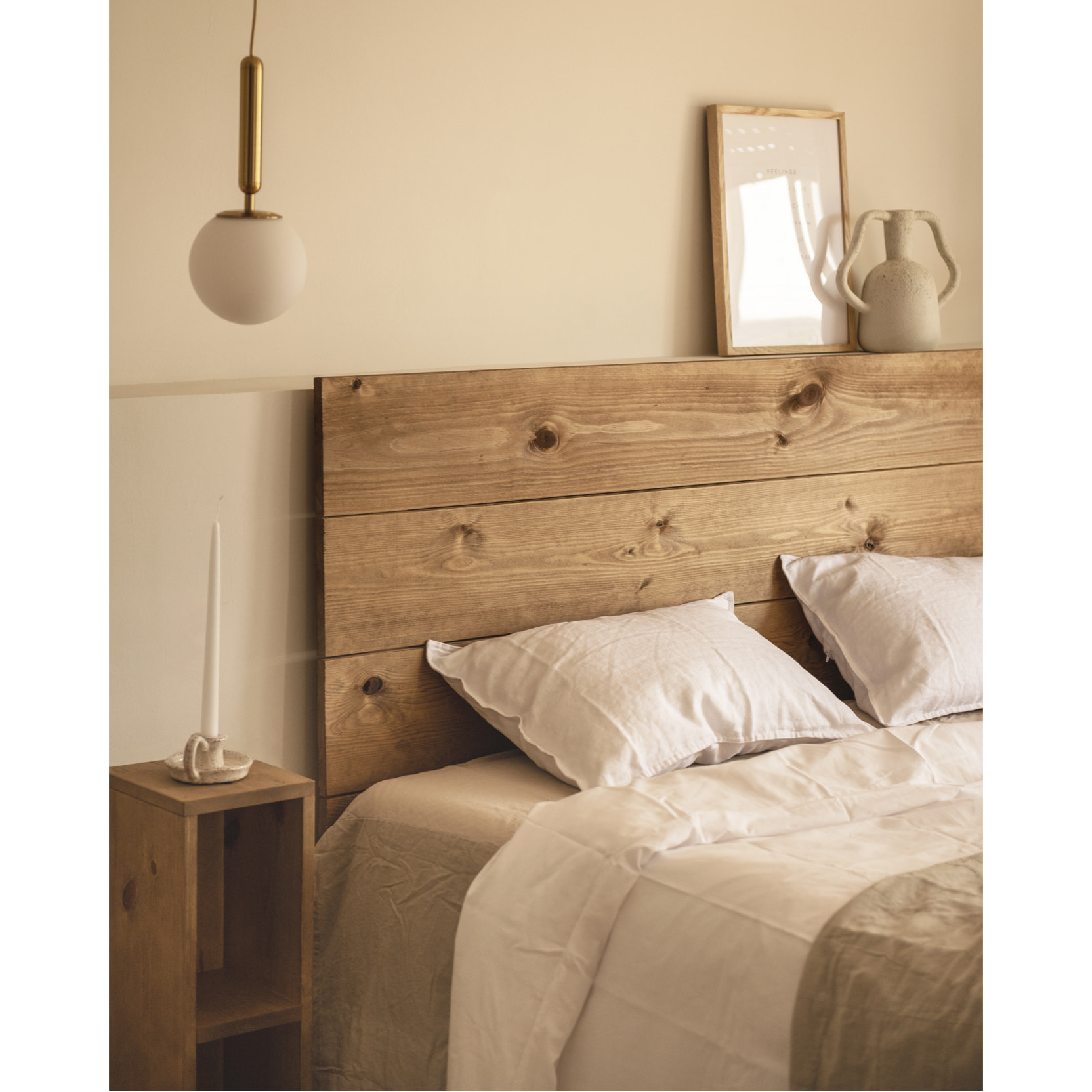 Pack tête de lit et tables en bois massif ton chêne foncé en différentes tailles