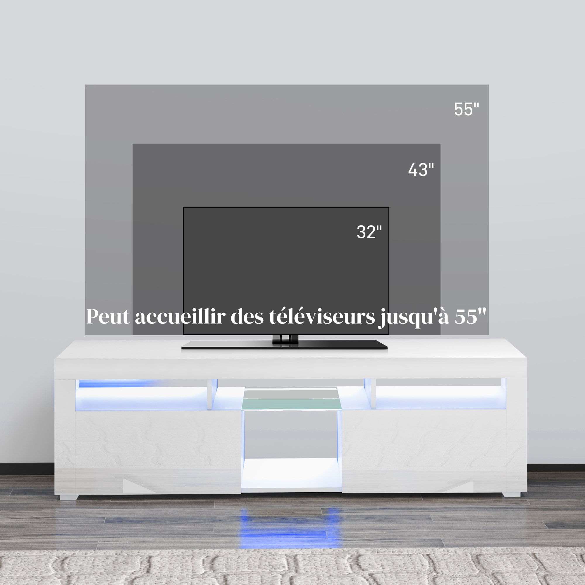 Meuble TV design LED - 55 pouces max. - 2 portes, 4 niches - dim. 150L x 38l x 45H cm - blanc laqué