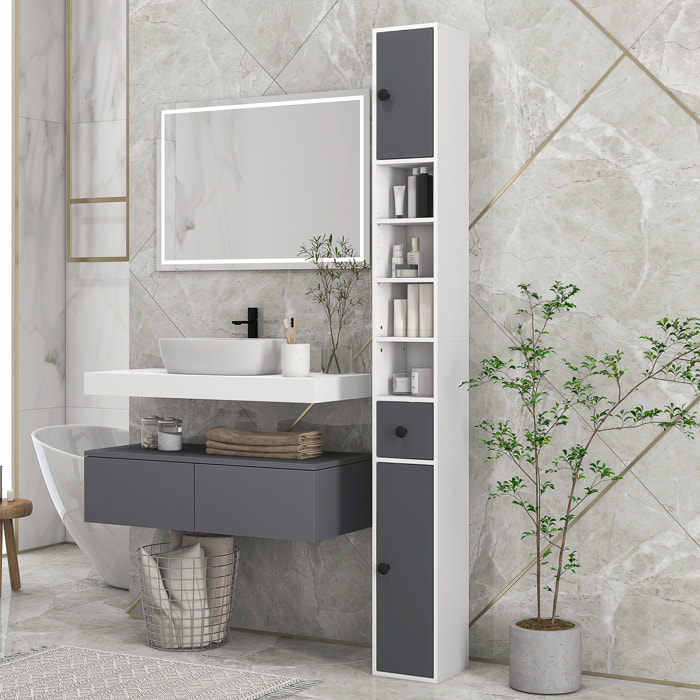Columna de Baño Moderna Armario Alto de Baño con 1 Cajón 5 Estantes Ajustables y 2 Puertas Mueble de Baño Carga 30 kg 20x20x180 cm Gris