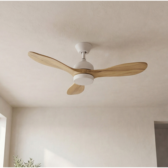 Forlight Calar ventilador con selector de temperatura en color blanco y las palas de madera