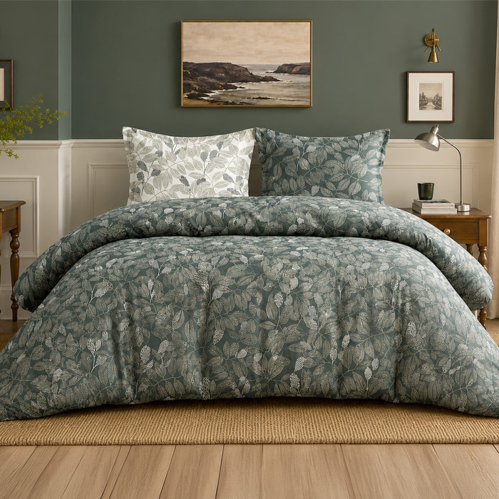 Parure housse de couette 100% percale de coton motif feuilles - EMERIDE