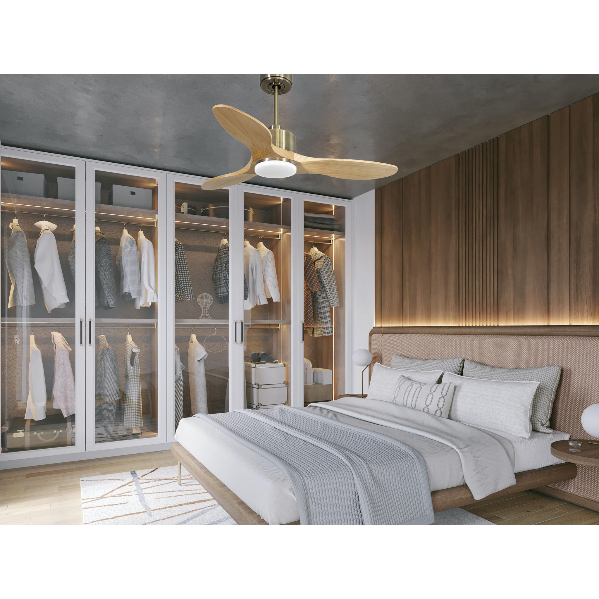Ventilateur de plafond Réversible  Thermostat Dimmable Wifi Moteur à courant continu Toits en pente Télécommande Lumière à trois tons Hypersilence Mémoire