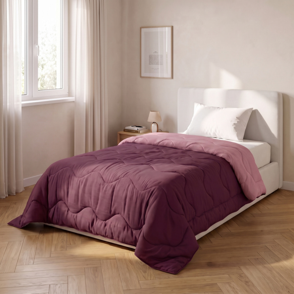 Trapunta invernale bicolor Made in Italy in microfibra di poliestere - Vinaccia/Rosa