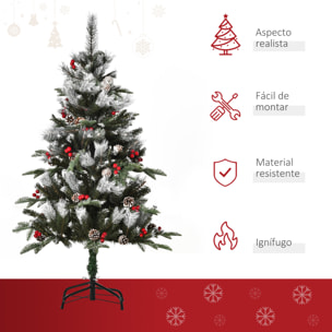 HOMCOM Árbol de Navidad Artificial 120 cm con 266 Ramas 27 Piñas y 27 Bayas Hojas de PVC PE Base Plegable y Soporte Metálico Decoración Navideña para Interiores Verde