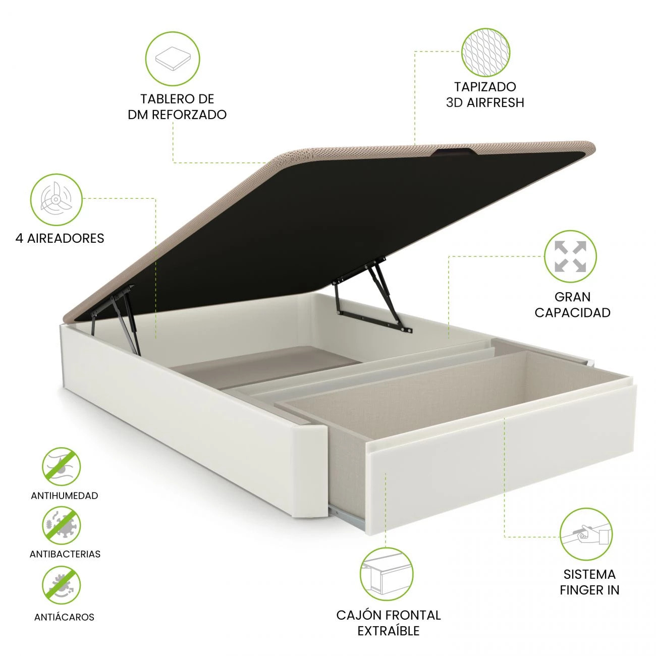 Canapé con cajón frontal en blanco 135x190 cm Luxury Max 3D Blanco