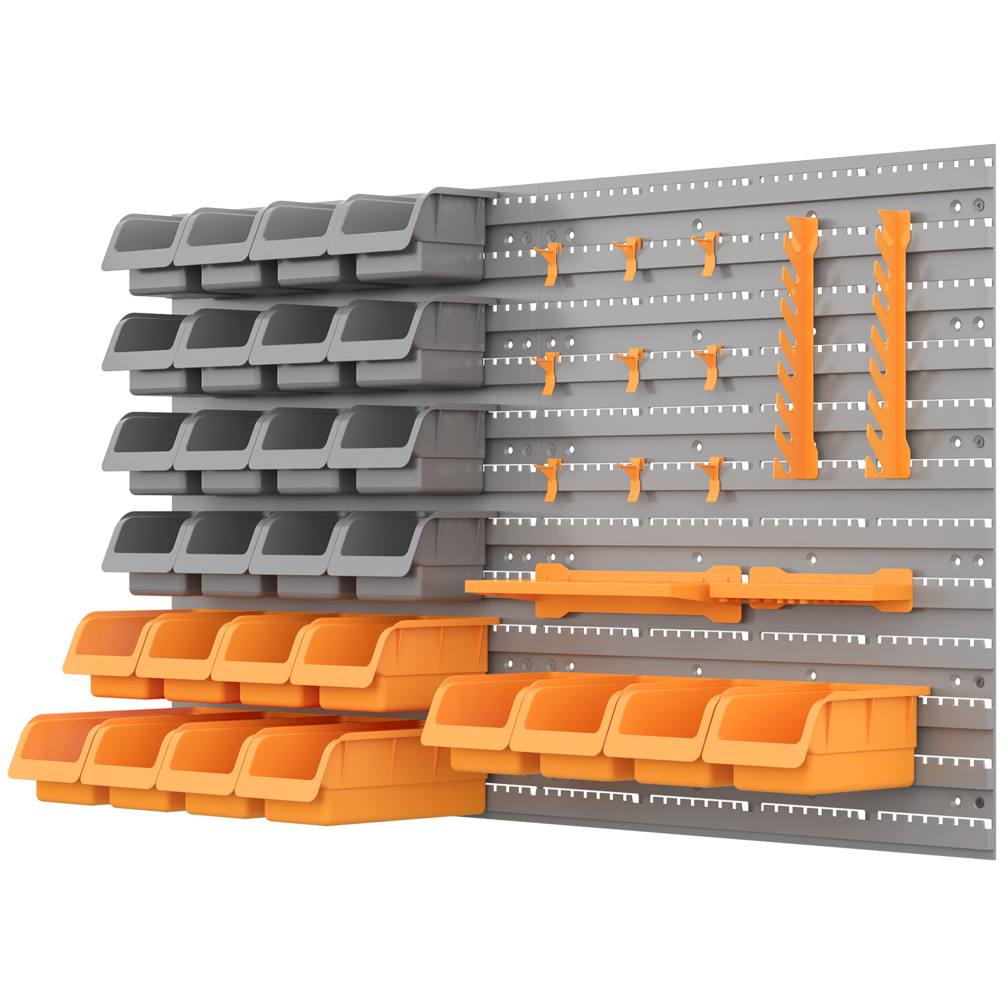 Organizador de Herramientas de Pared de 44 Piezas 95x54 cm Estantería de Pared para Herramientas con 28 Cajas Apilables y Diferentes Ganchos Gris y Naranja