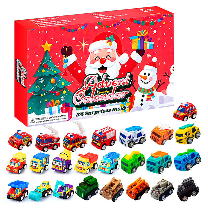 Calendario de adviento con figuritas de regalo para decorar. 24 figuras de vehiculos diferentes.