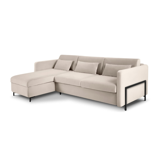 Canapé d'angle gauche convertible "Yanis" 4 places en velours beige