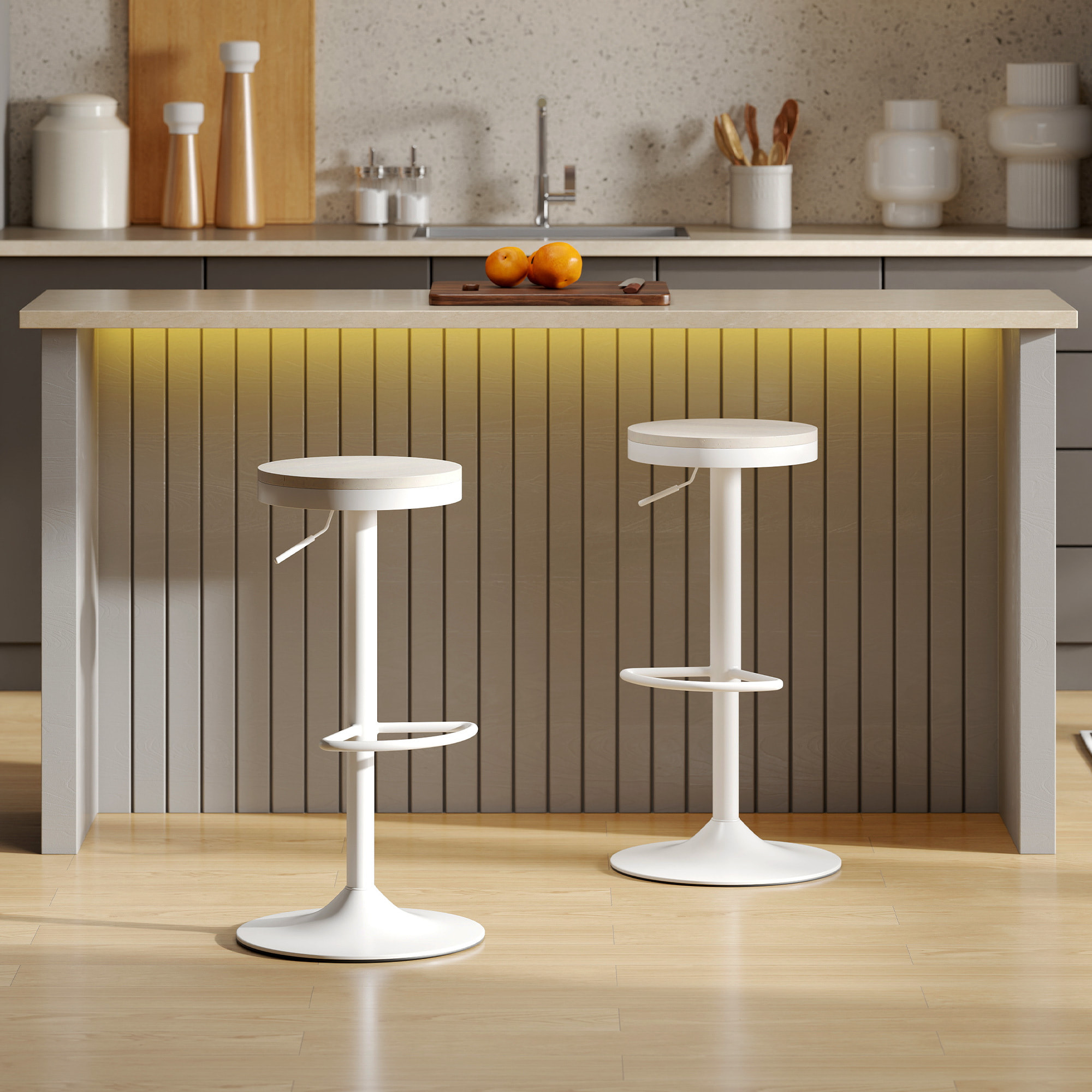 Lot de 2 tabourets de bar réglables pivotants assise ronde bois hévéa acier blanc