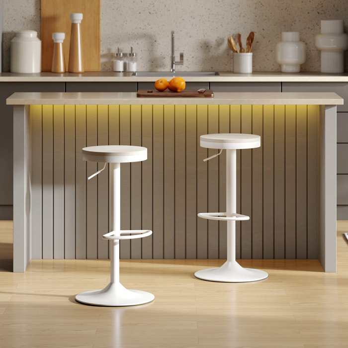 Lot de 2 tabourets de bar réglables pivotants assise ronde bois hévéa acier blanc