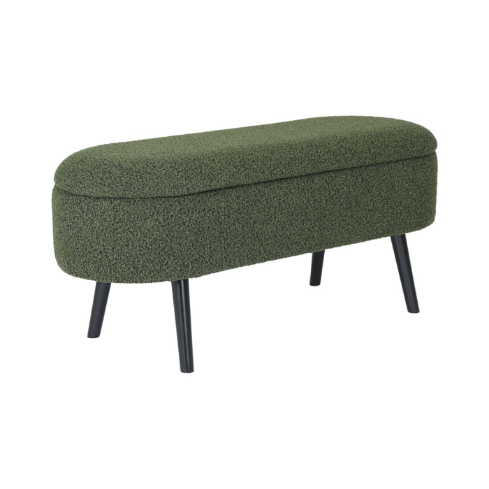 Banc coffre. bout de lit avec revêtement bouclette texturée. kaki. pieds en bois noir. L 112 x 44 x 50cm