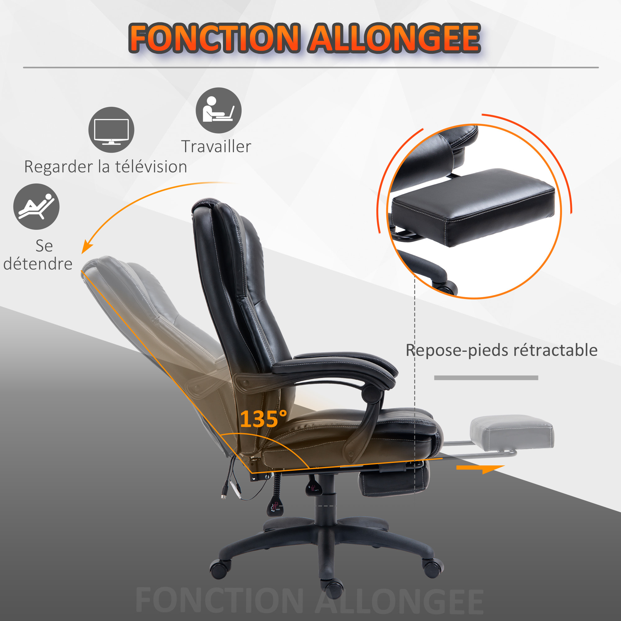 Fauteuil bureau massant inclinable réglable repose-pieds rétractable grand confort synthétique noir