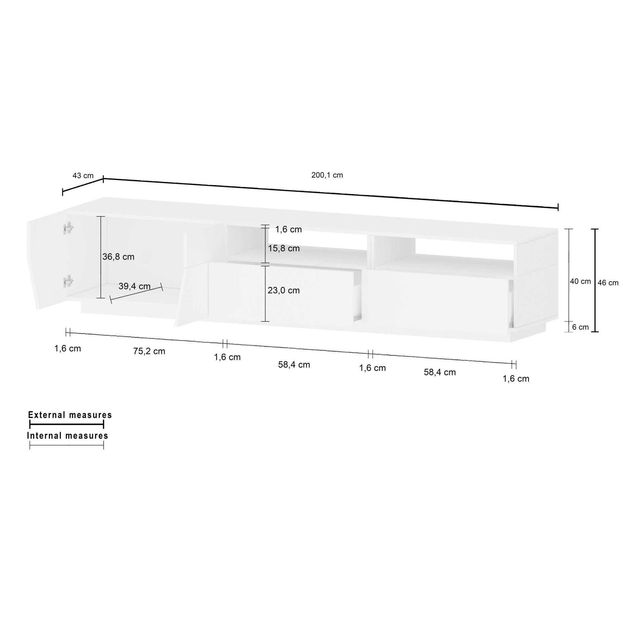 Mobile da soggiorno Porta TV, Made in Italy, Supporto per TV da salotto a 2 ante geometriche e 2 cassetti, Cm 200x43h46, Bianco lucido e Acero