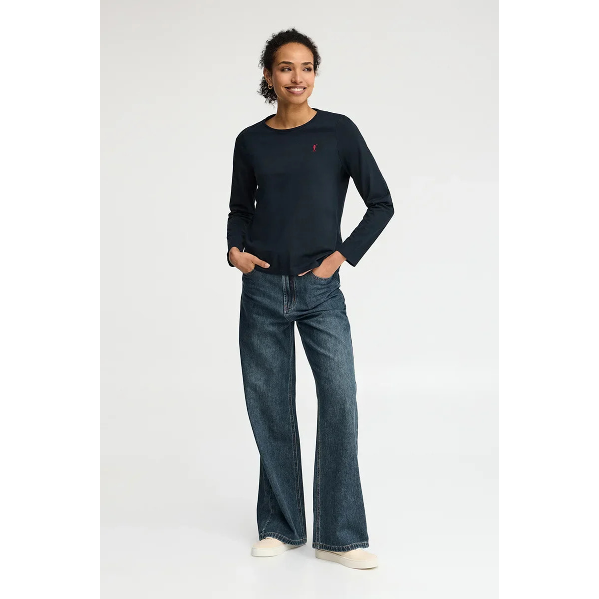 Camiseta azul marino de manga larga y cuello redondo con bordado Rigby Go