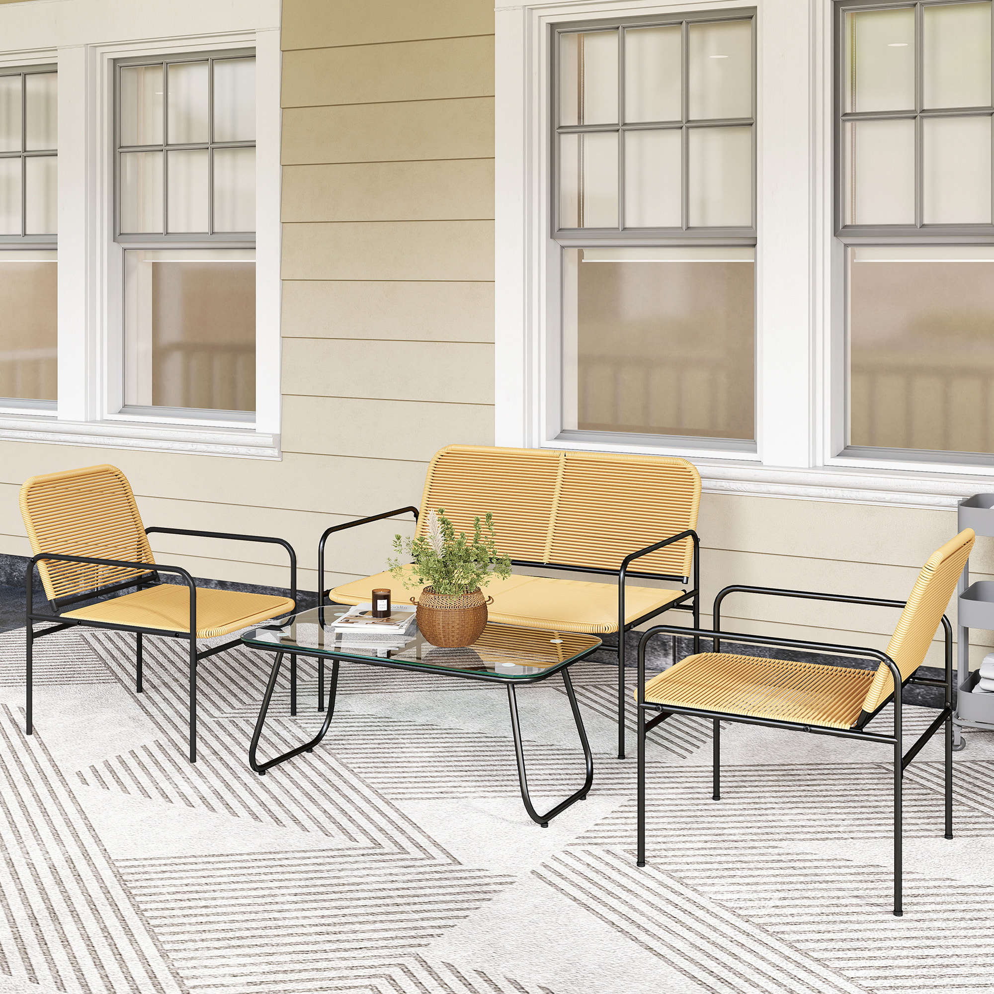 Conjunto Jardín Exterior de Ratán Conjunto Terraza Resistente a la Intemperie Muebles Jardín Exterior con 2 Sillones Sofá de 2 Plazas y Mesa de Tablero de Vidrio Templado Natural