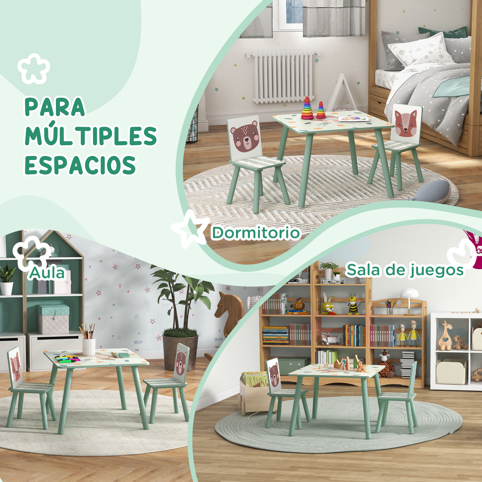 Mesa y Sillas Infantiles de 3 Piezas Mesa Infantil con 2 Sillas Juego de Muebles para Actividades para Niños de 3-8 Años para Dormitorio Sala de Juegos Verde