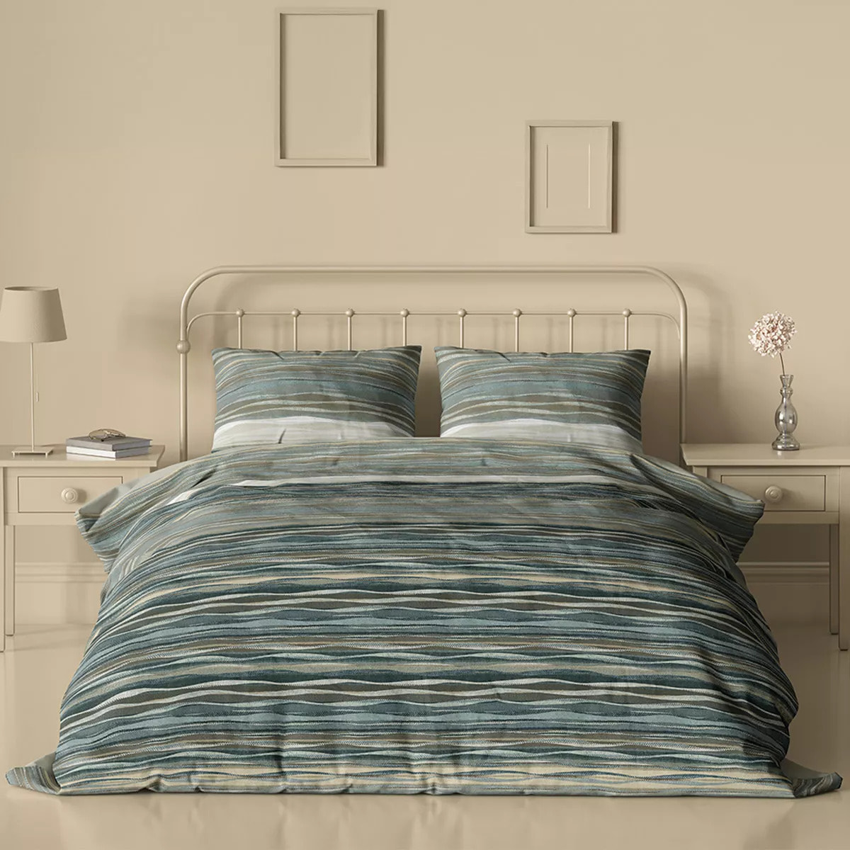 Housse de couette satin de coton imprimé bleu vert Strates ecume