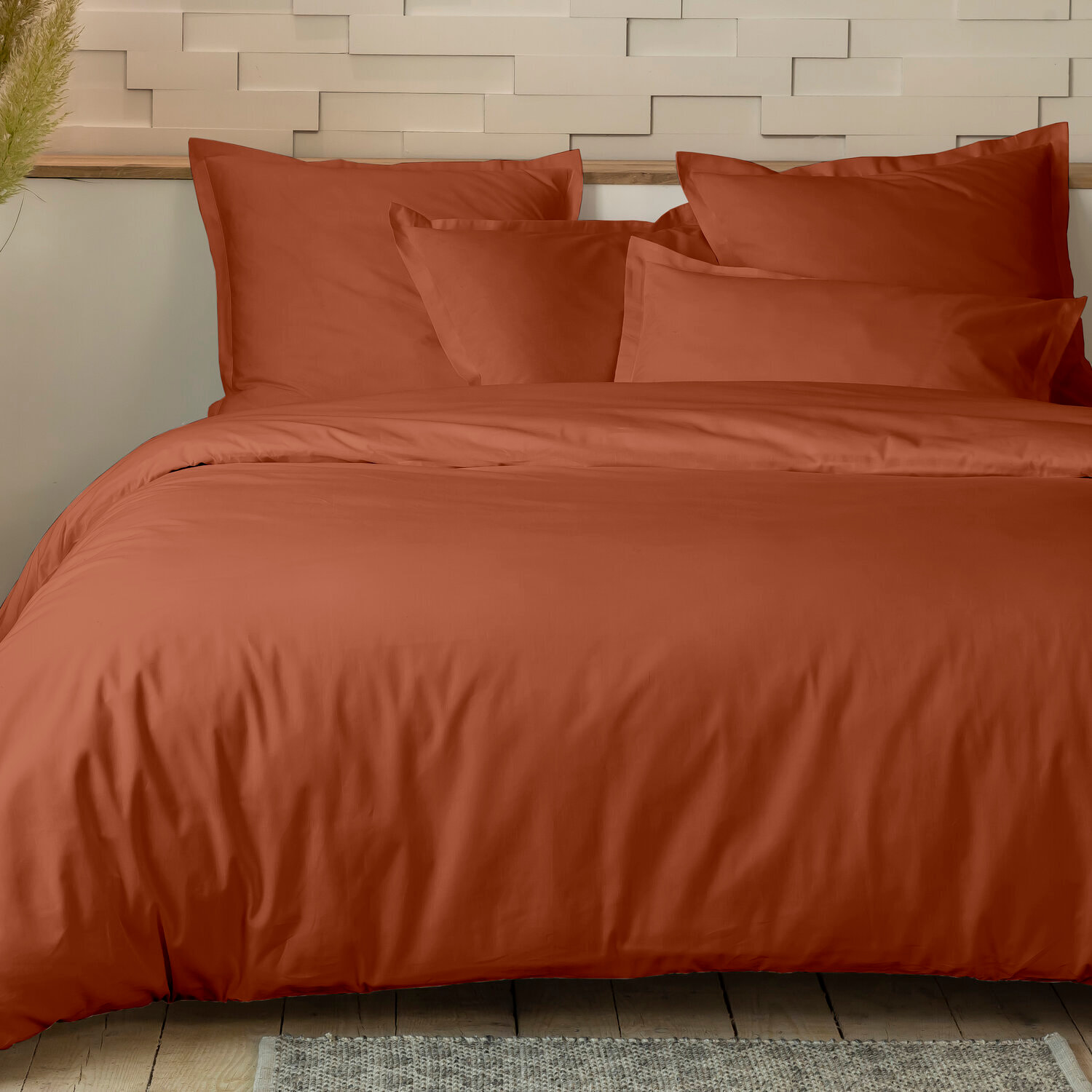Parure housse de couette + taie(s) 100% percale de coton unie - terracotta