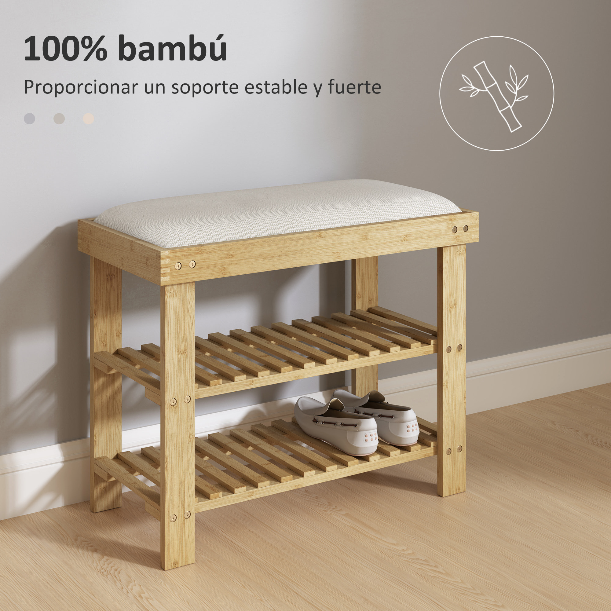 Banco Zapatero de Bambú Zapatero con Asiento Acolchado 2 Estantes para 6 Pares de Zapatos para Entrada Dormitorio 60x29x49 cm Natural y Crema