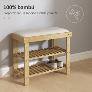 Banco Zapatero de Bambú Zapatero con Asiento Acolchado 2 Estantes para 6 Pares de Zapatos para Entrada Dormitorio 60x29x49 cm Natural y Crema