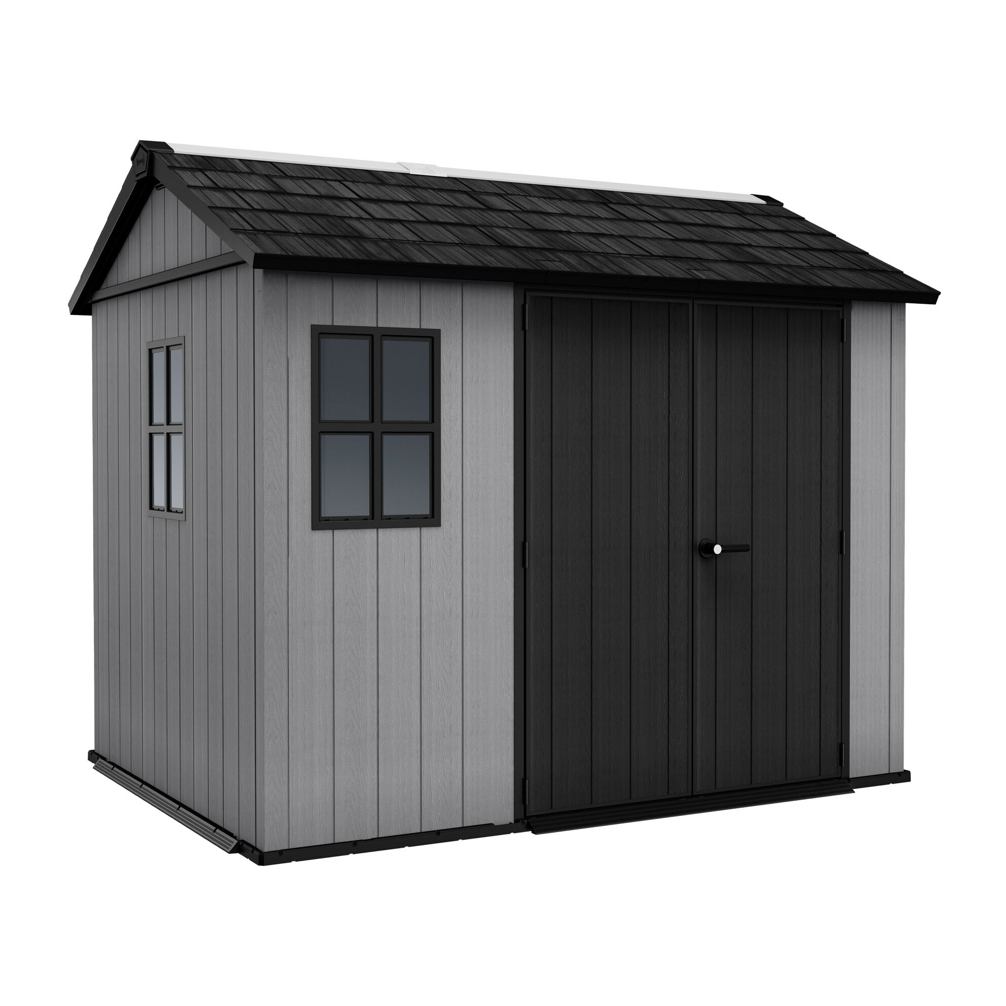 Newton + 759/975 - Casetta da Giardino 287x246x230 cm 2 Ante per deposito attrezzi finitura effetto legno Evotech+ in Resina Grigio e Nero
