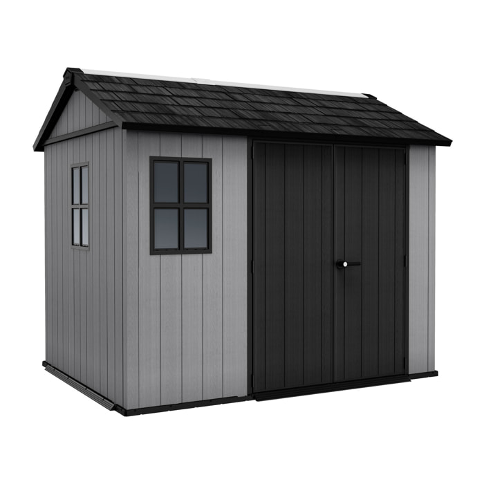 Newton + 759/975 - Casetta da Giardino 287x246x230 cm 2 Ante per deposito attrezzi finitura effetto legno Evotech+ in Resina Grigio e Nero