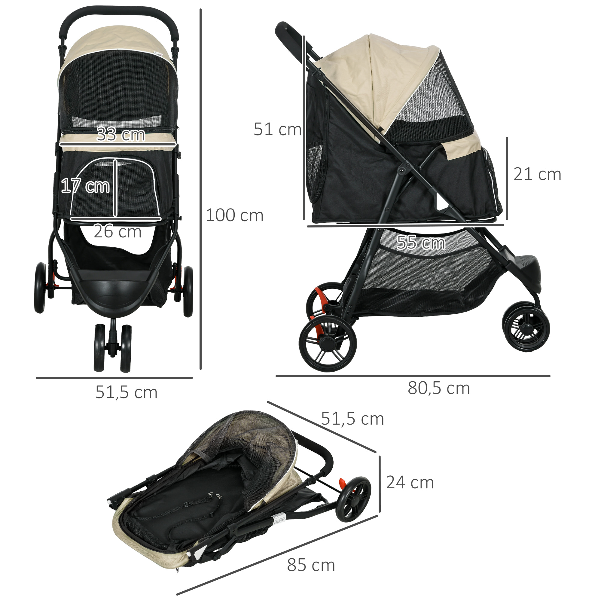 Carrito para Perros Plegable Cochecito para Mascotas Carrito para Perros Pequeños con Cesta de Almacenaje Ventana de Malla Cubierta para Lluvia y 2 Ruedas Universales 80,5x51,5x100 cm Caqui