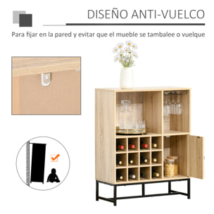 HOMCOM Aparador de Cocina Armario con 1 Puerta 2 Estantes Abiertos Botellero para 12 Botellas y Soporte de 6 Copas de Vino Comedor Bar Restaurante 76x35x97 cm Madera Natural