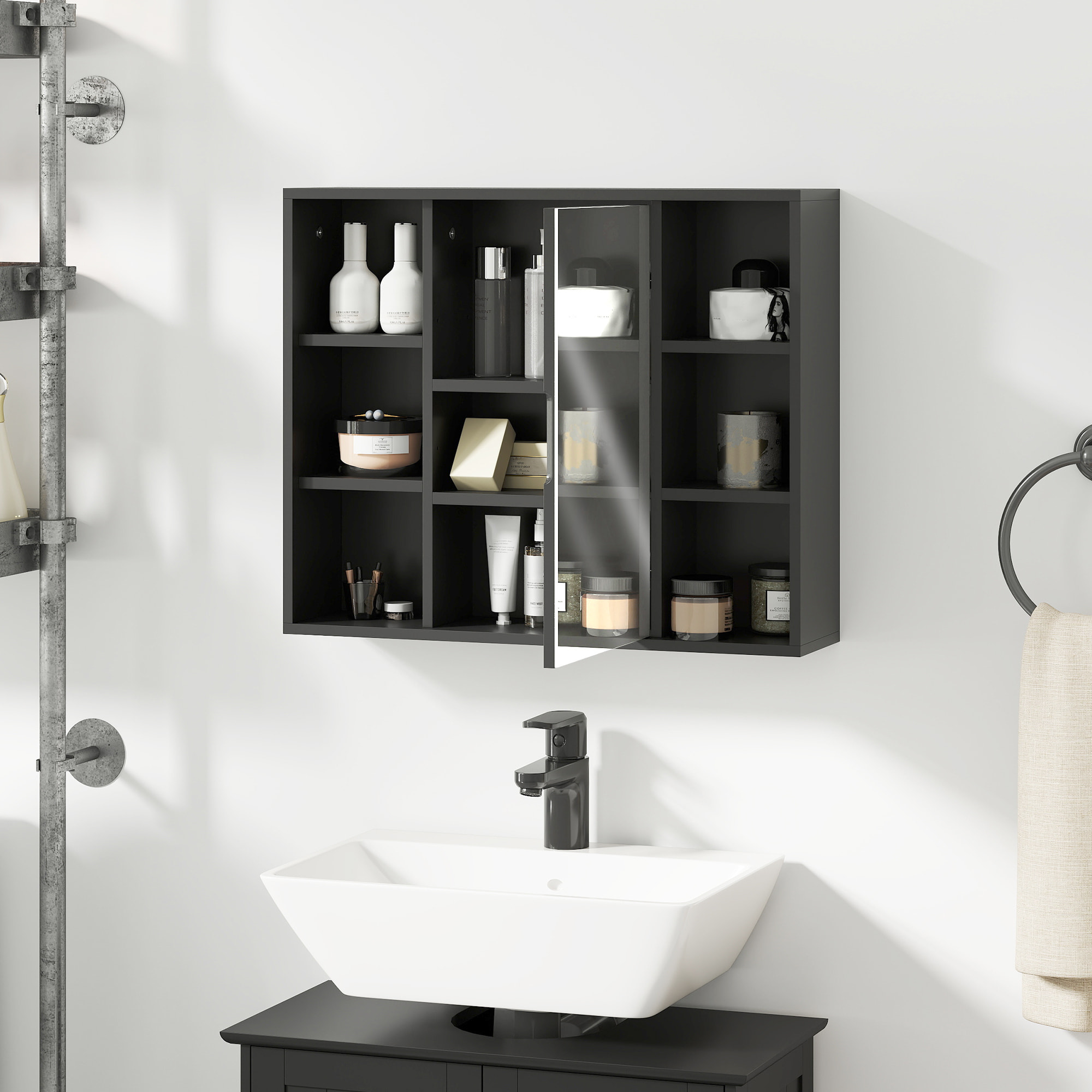 Miroir de salle de bain avec placard et étagères - 4 étagères latérales + 2 étagères intérieures - MDF panneaux particules noir