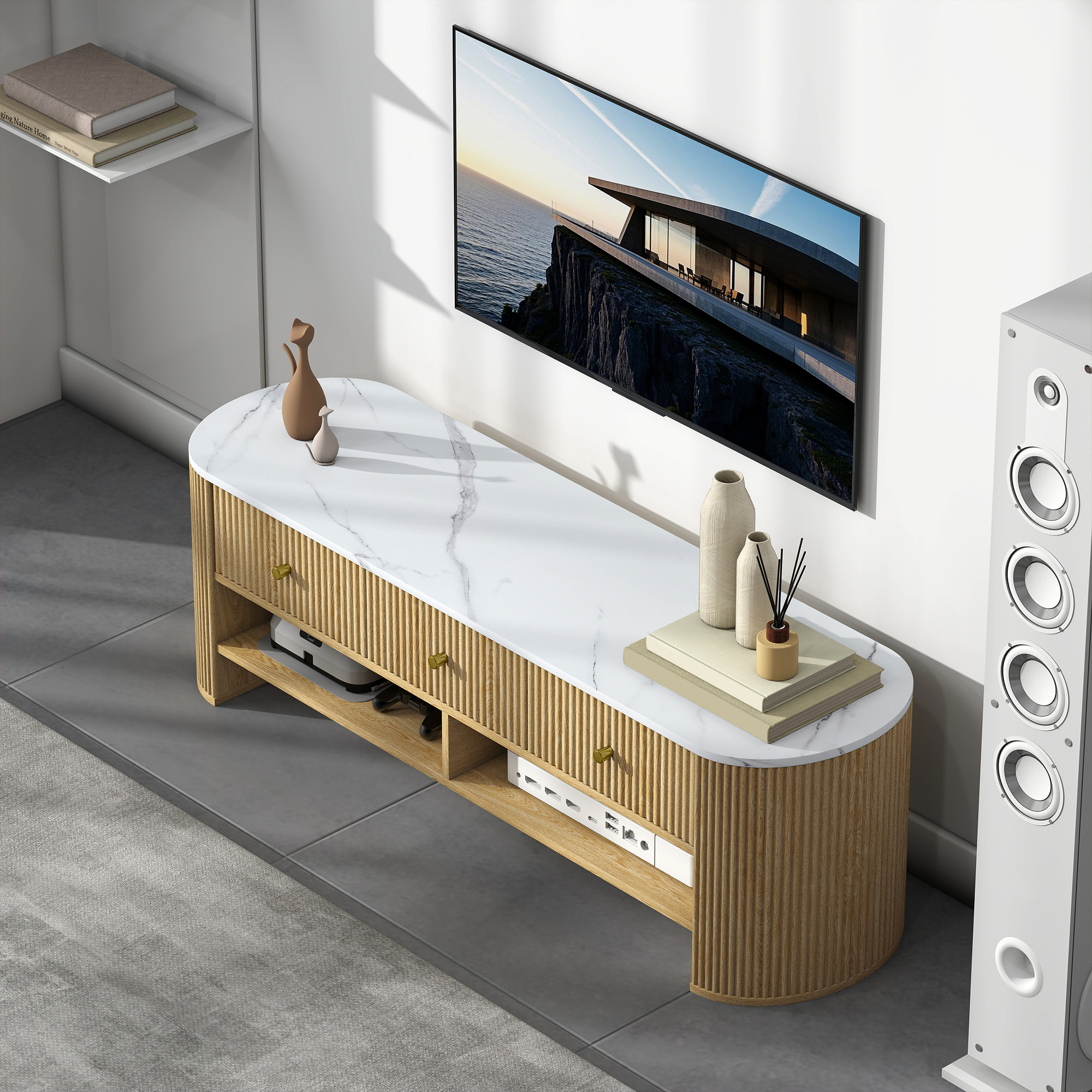 Meuble TV design ovale effet marbre blanc 140 x 40 x 43 cm 3 tiroirs 2 niches aspect bois clair