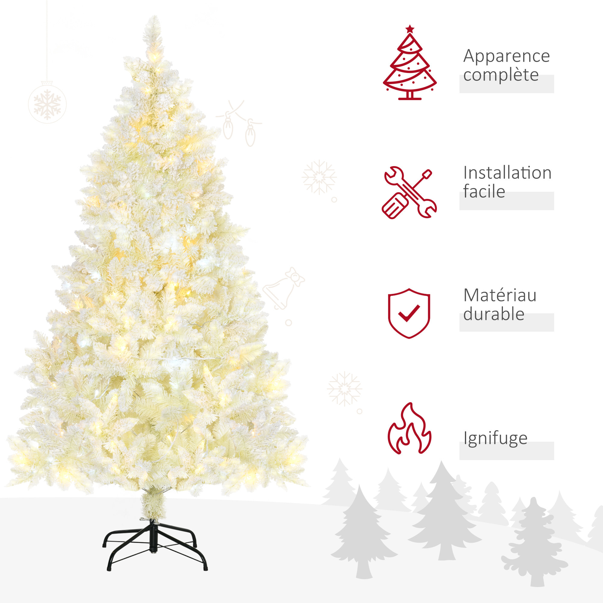 Sapin de Noël artificiel lumineux blanc dim. Ø 115 x 180H cm 650 branches 150 LED - support pied pliable métal PVC