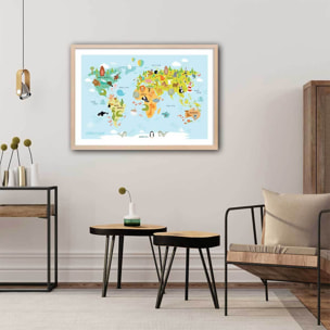 Affiche world map animals Affiche + cadre en bois - Chêne