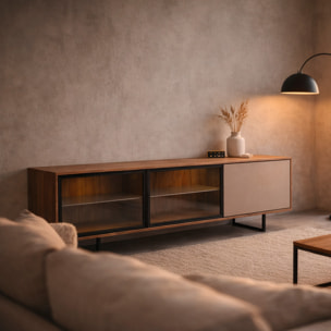 Porta TV 3 Ante Con 2 LED Inclusi 2 Ante Vetro Fumè Mobile TV Moderno Con Ripiani Interni Piedi In Ferro Nero 185 x 60 x 40  Cm Rovere E Grigio Caldo