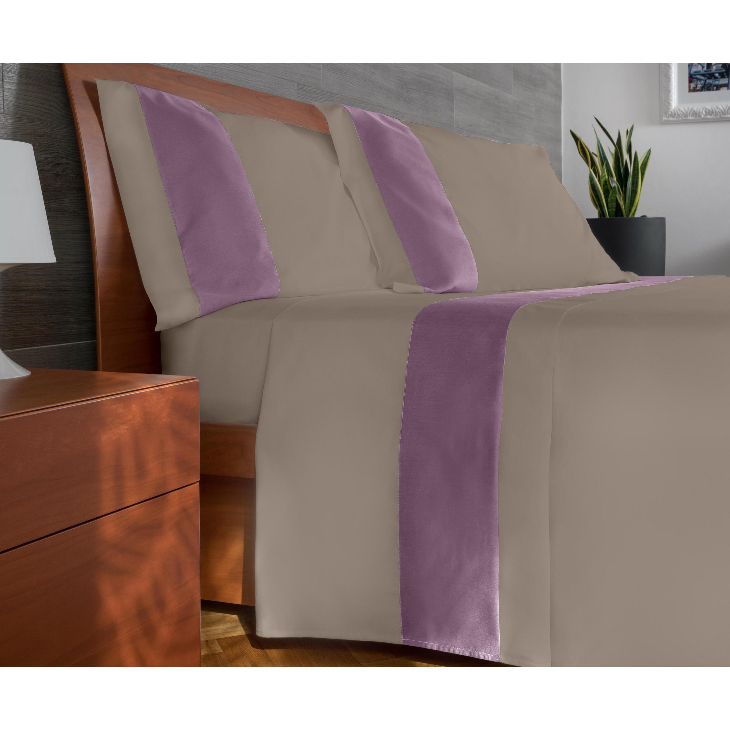 Completo letto bordo RASO IPERSAN Puro Cotone Malva fondo Tortora
