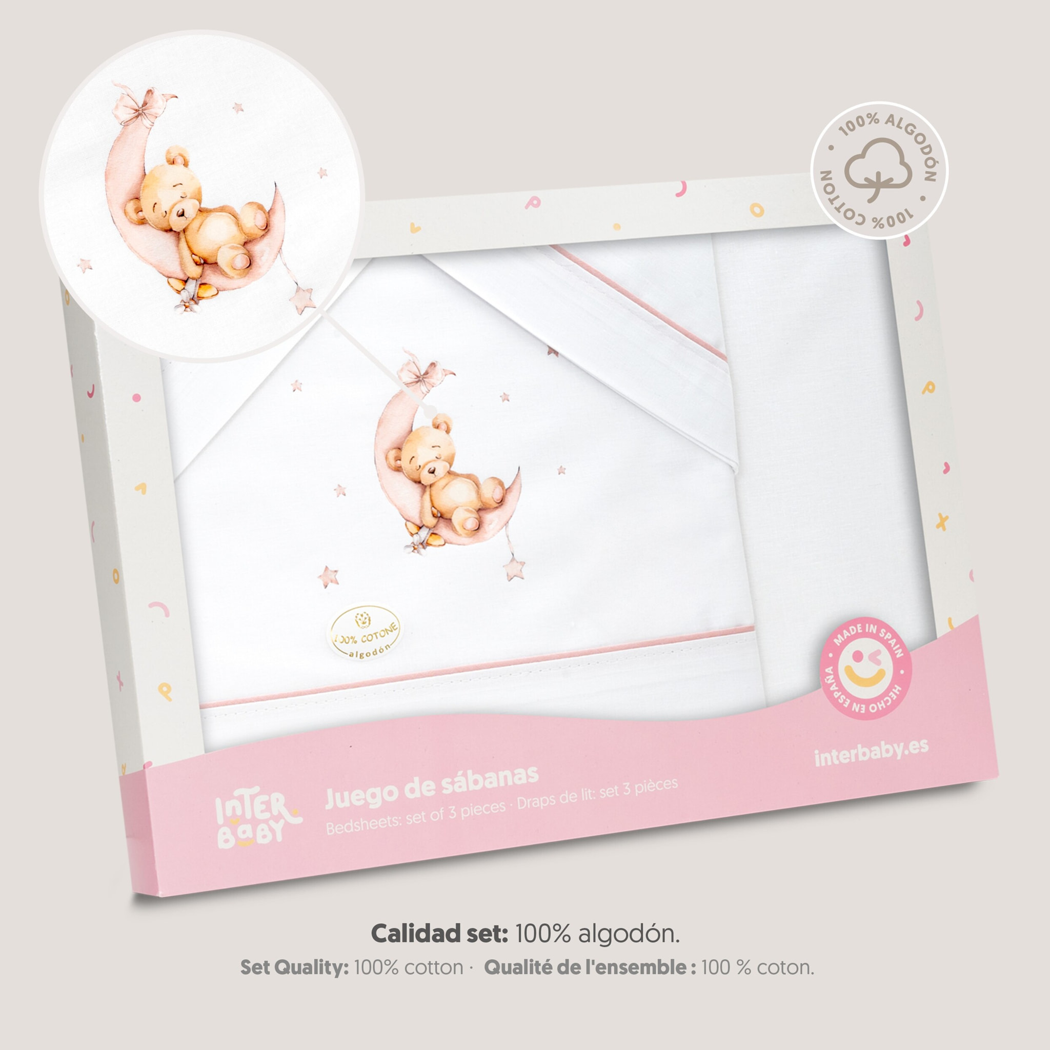 Triptico Coche Estampado Oso Luna Estrellas Bco/Rosa