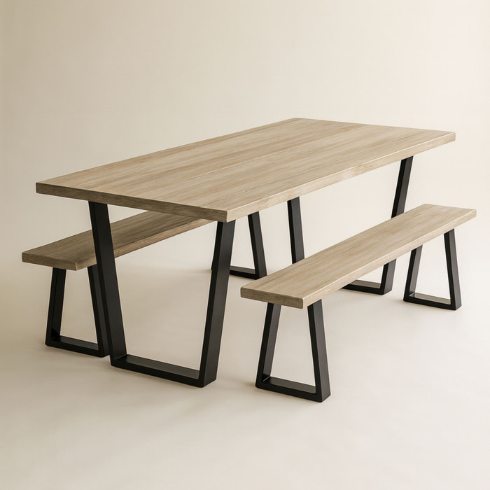 Ensemble table et banc en bois d'acacia et pieds métal noir HERA