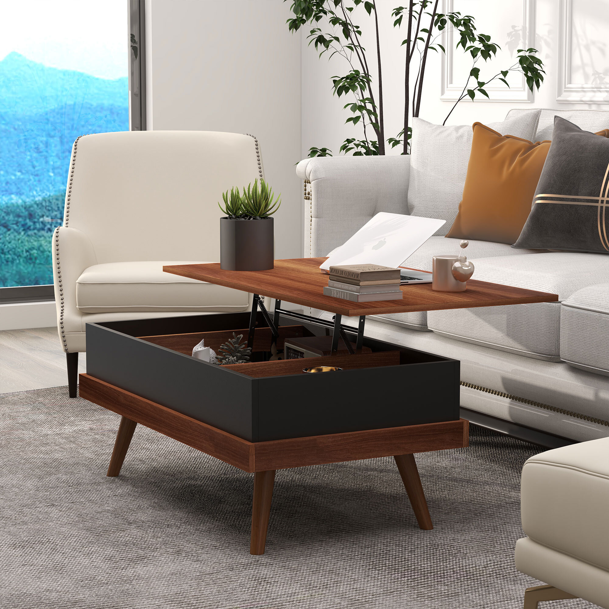 Mesa de Centro Elevable Mesita de Salón con 3 Compartimientos de Almacenaje Ocultos y Patas de Madera para Oficina Dormitorio 100x79x54 cm Marrón y Negro
