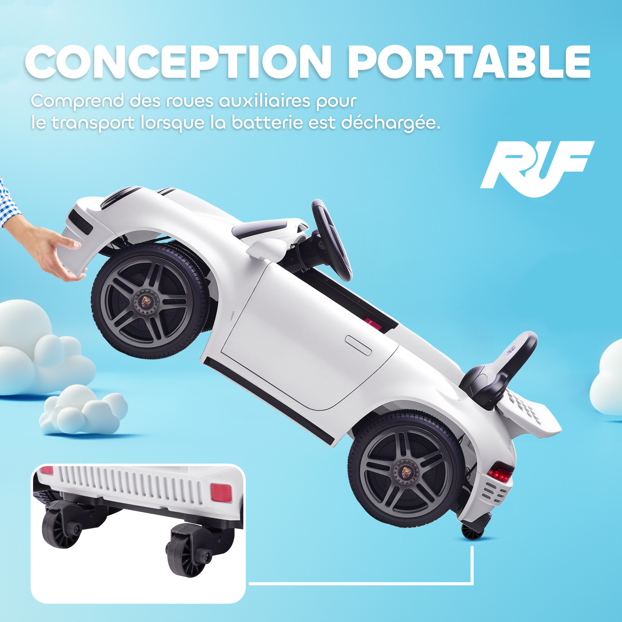 Voiture électrique enfant licence officielle RUF CTR 2017 12V 5Km/h max. télécommande nombreux effets blanc