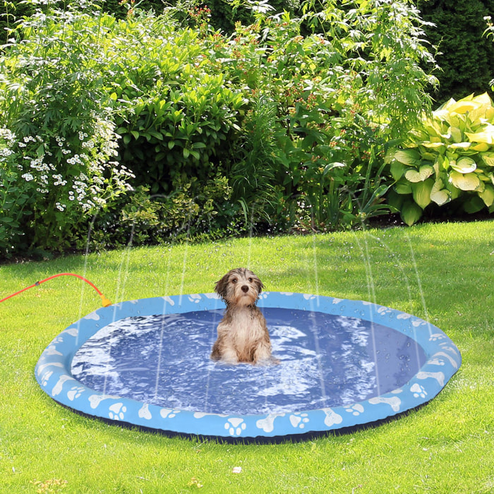 Piscine tapis à jet d'eau pour chien - Ø 1,5 m - pliable, facile à transporter - PVC bleu motifs os pattes