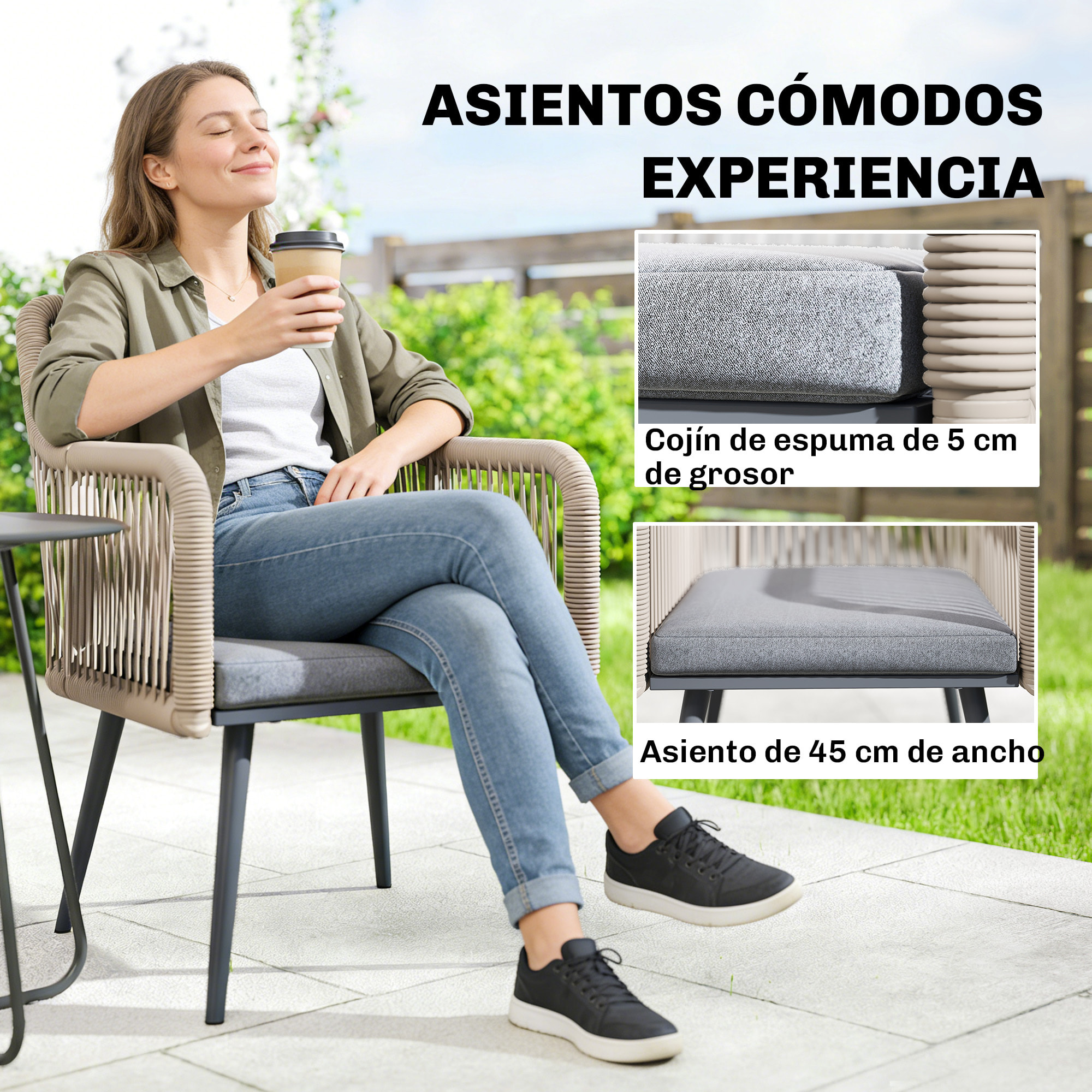 Juego de 2 Sillas de Jardín Exterior de Ratán, Sillas Terraza Exterior con Cojines, Reposabrazos y Marco de Acero, Resistente a la Intemperie, para Balcón, Terraza, 54x65x80 cm, Gris Claro