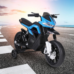 Moto électrique pour enfants 25 W 6 V 3 Km/h effets lumineux et sonores roulettes amovibles bleu