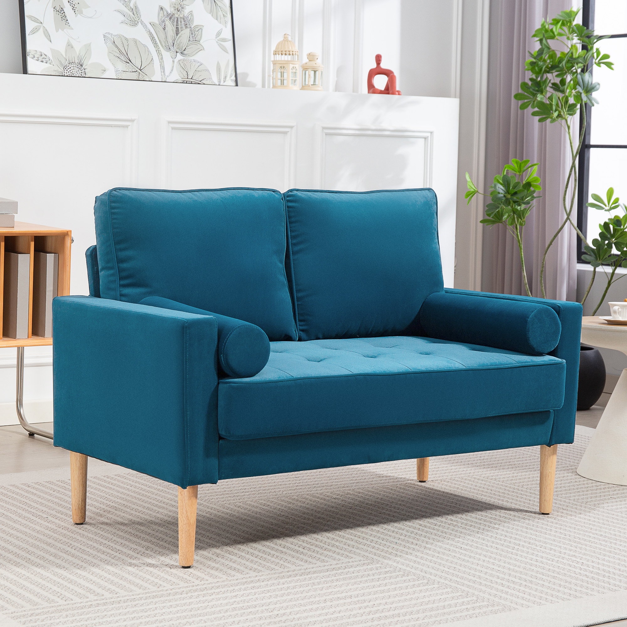 Canapé scandinave 2 places en tissu bleu canard et bois clair