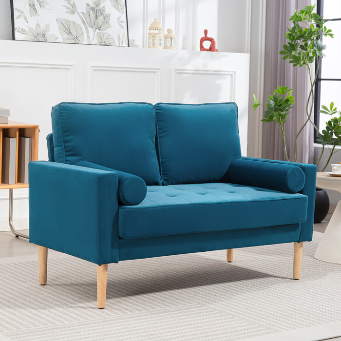Canapé scandinave 2 places en tissu bleu canard et bois clair