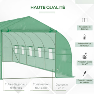 Serre tunnel grande taille 24 m² châssis tubulaire acier galvanisé renforcé 2,4 cm 12 fenêtres 1 porte vert