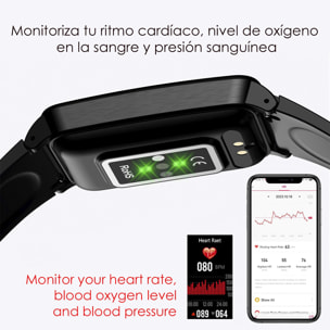 DAM Brazalete inteligente TK71 Pro con temperatura corporal; monitor de glucosa, ácido úrico, estrés, cardiaco y de tensión. 5x1,1x2,5 Cm. Color: Negro