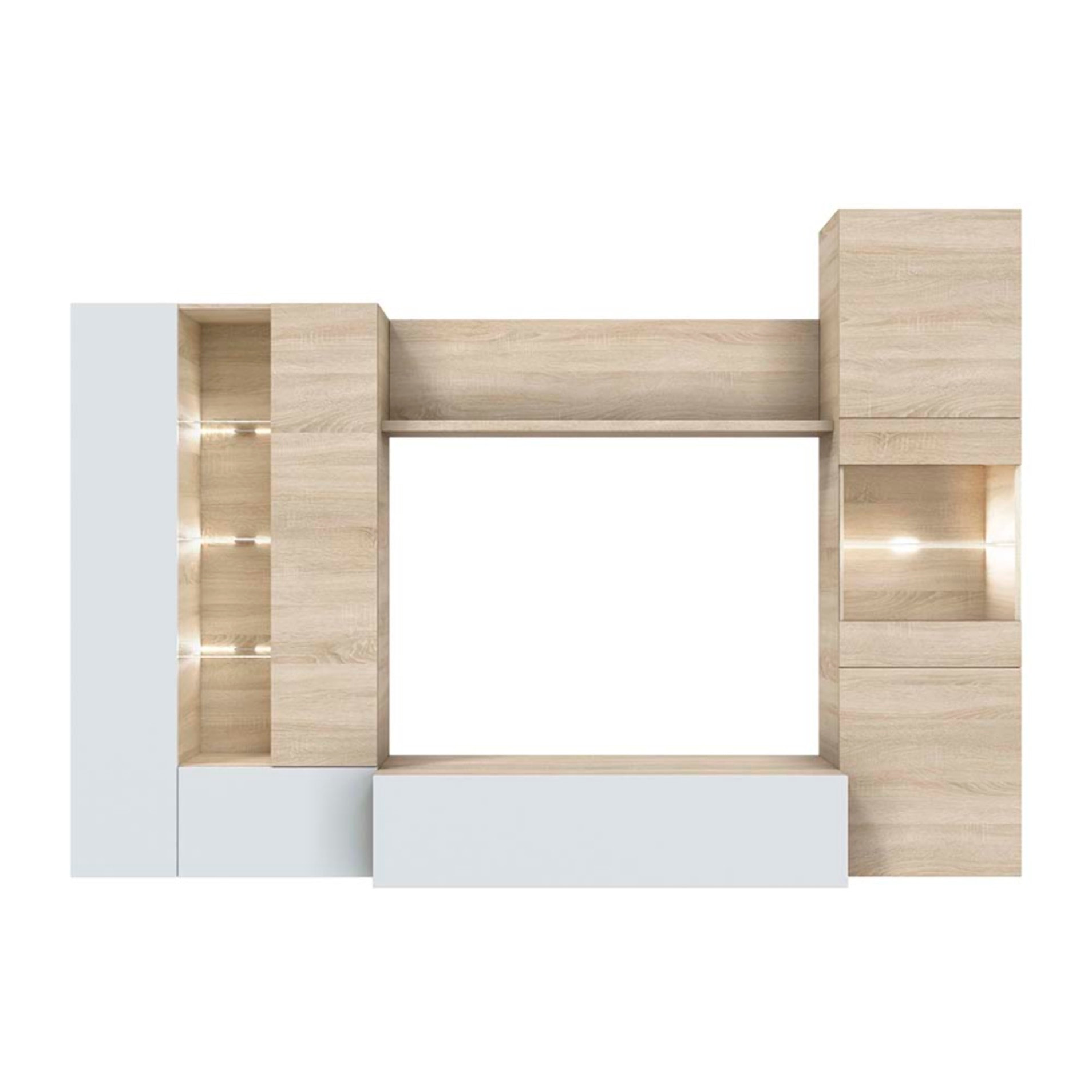 Parete Attrezzata Mobile Soggiorno TV Salotto Base Televisione Con Scaffali Illuminati LED Sala Pranzo Design Moderno 260x185x42 cm Bianco Rovere