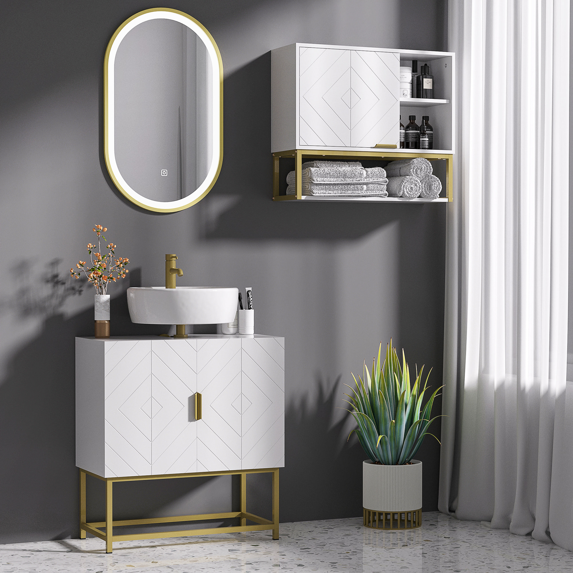 Mueble para Debajo del Lavabo Armario para Lavabo de Baño Moderno Armario Bajo con 2 Puertas y Patas de Acero Dorado 60x30x65 cm Blanco