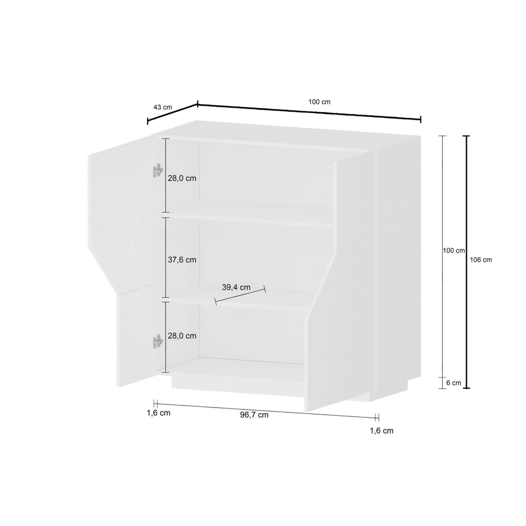 Credenza moderna a 2 ante geometriche, Made in Italy, Madia da ingresso, Buffet di design da soggiorno, Cm 100x43h106, Bianco lucido e Acero