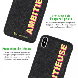 Coque iPhone X/XS effet cuir grainé noir Ambitieuse jaune et fushia Design La Coque Francaise