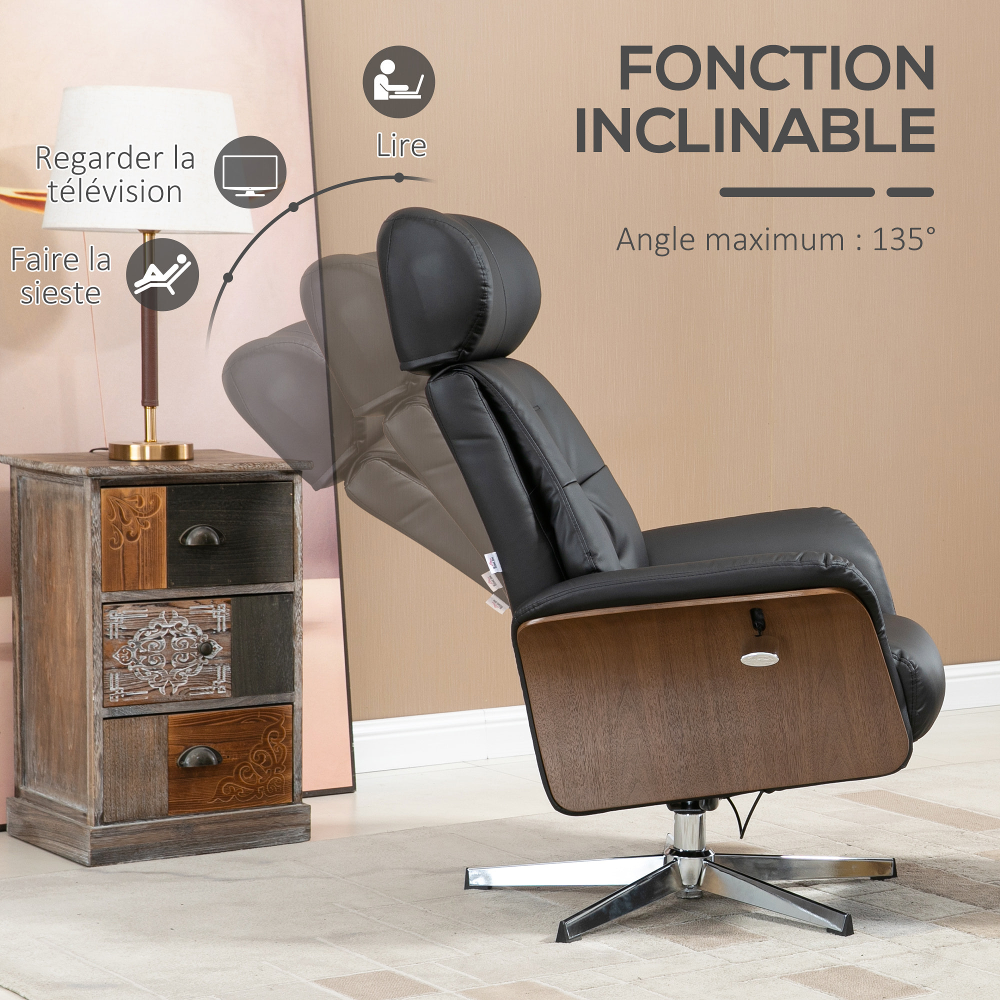 Fauteuil relax avec repose-pieds - ensemble lounge chair design - acier chromé bois eucalyptus synthétique noir